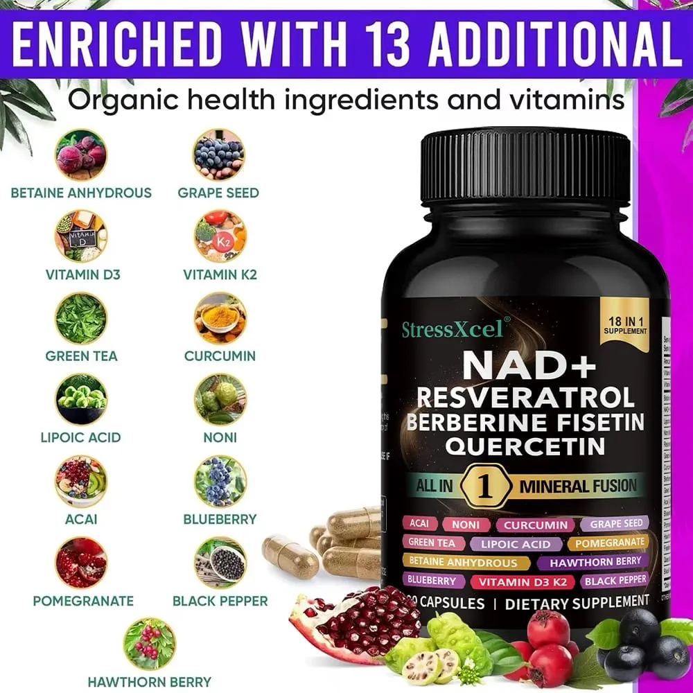 NAD+ Supplement with Resveratrol & Quercetin - Boost NAD+ Levels Energy & Anti-Aging Support - Vegan 120 Softgels