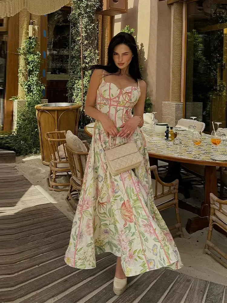 Floral Print Women 's Maxi Dress Spaghetti Strap Corset A Line Long Dresses Female 2026 Summer Fashion Vacation Woman Vestidos