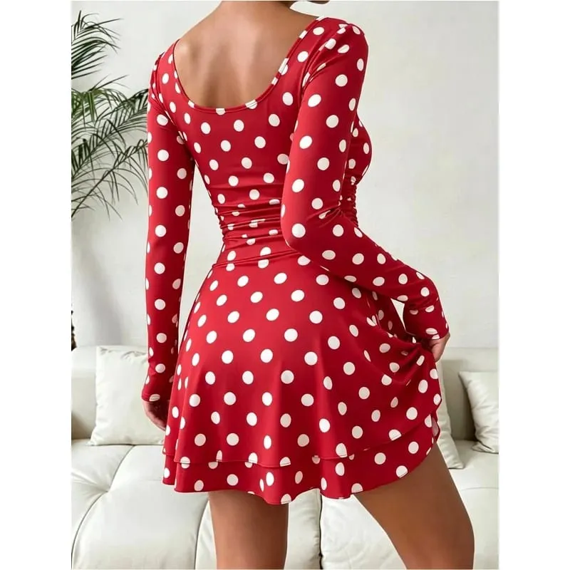 Women's Autumn Polka Dot Print Square Neck Long Sleeve Dress Waist Cinched A-Line Mini Skirt Sexy Fashionable Length