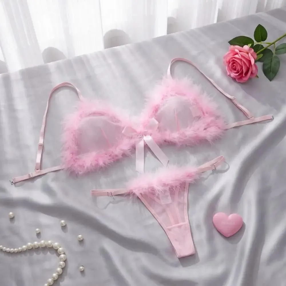 Christmas Furry Women's Underwear Wireless Mesh Transparent Lingerie Set Romantic Intimate Bow Decor Bra Panties Suit Home