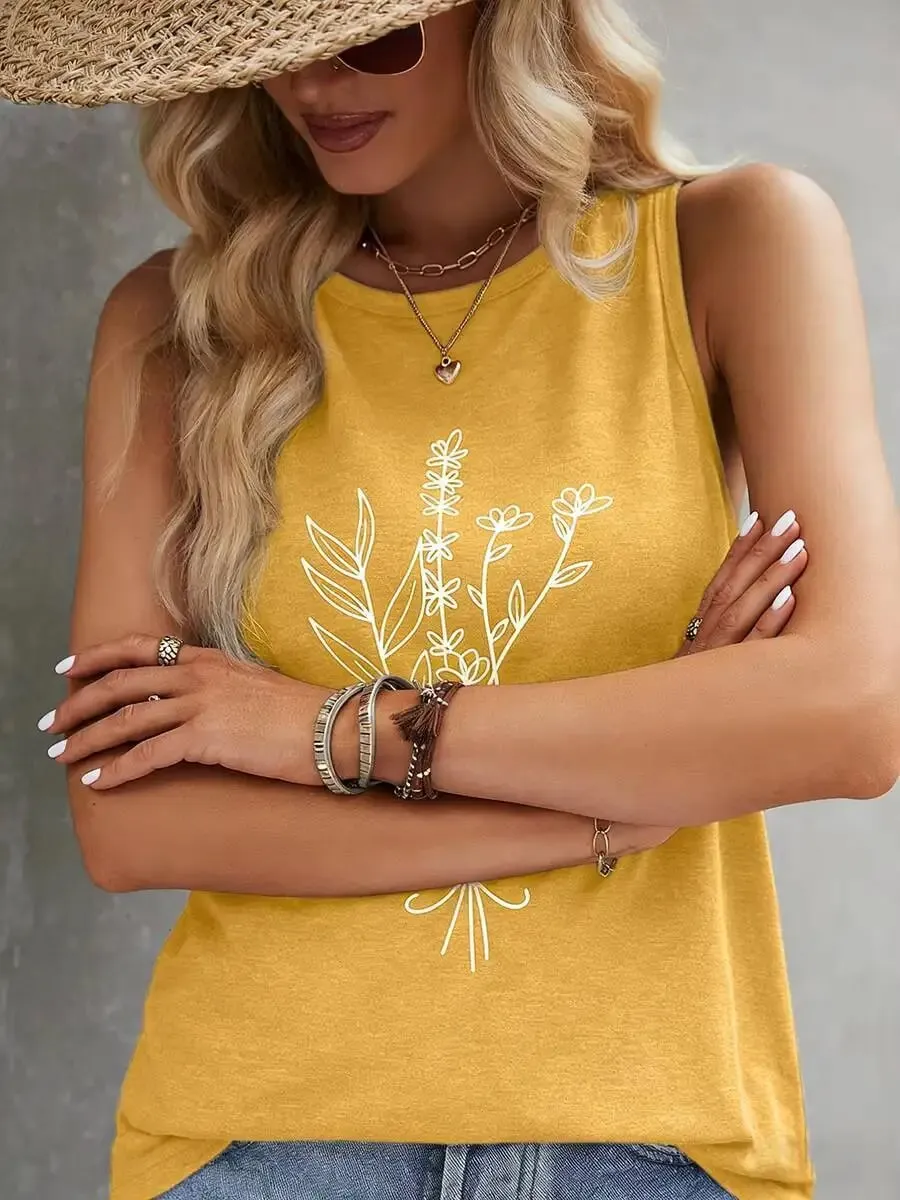 Casual Yellow Floral Print Round Neck Tank Top Loose Fit Sleeveless Blouse For Daily Vacation Beach Summer Outfits