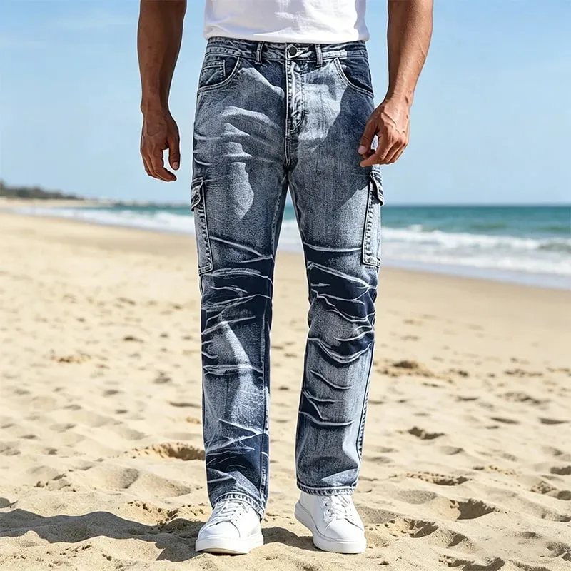 Men's Jeans Classic American Style Casual Multi Pocket Straight Leg Denim Man Pants All Season Fits