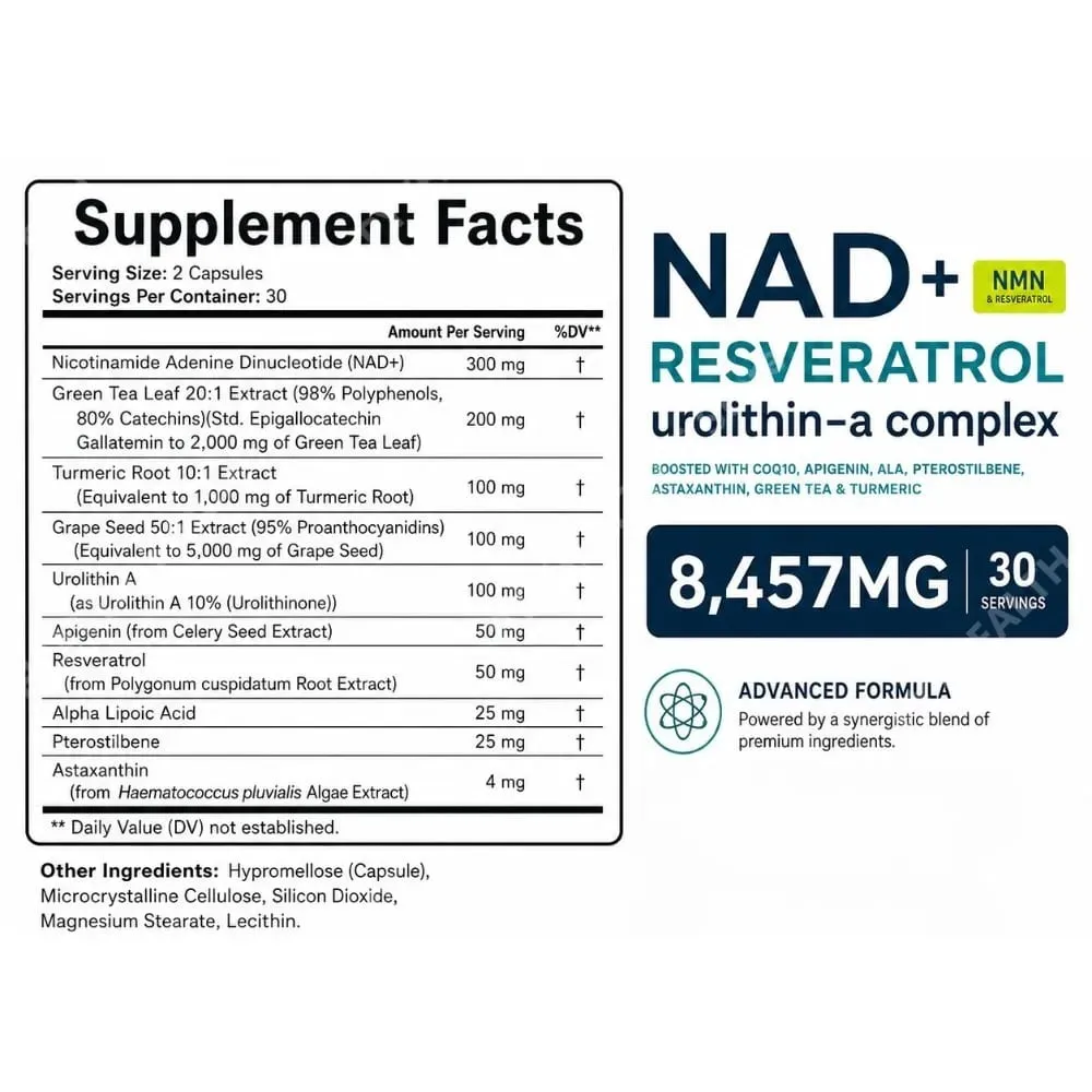 NAD+ Capsules Liposomal Supplement for Adults Supports Energy Cellular Health with Urolithin A Resveratrol & Green Tea 60 Counts
