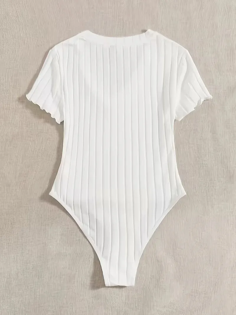 Lettuce Trim Ribbed Bodysuit Women's Sleeveless High Waist Bottom Control Shapewear for Slimming Effect