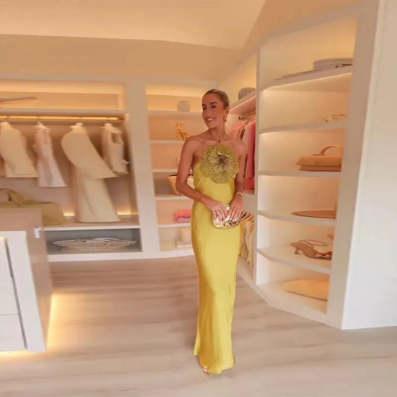 Robe de soirée élégante en Satin pour femmes, col licou, sans manches, dos nu, Chic, été, 2025