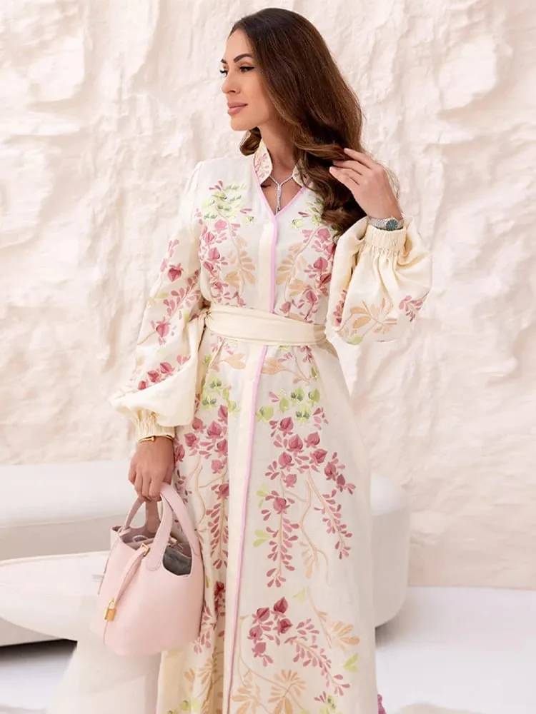 Robe longue rétro à imprimé Floral pour femmes, avec ceinture à pampilles, col montant, manches longues, Kaftan musulman, Robes de printemps, nouvelle collection 2026