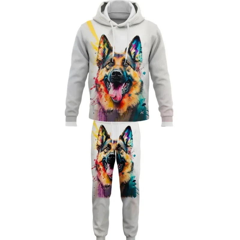 Moda animales perro 3D impreso otoño Sudadera con capucha traje hombres sudaderas pantalones de chándal Casual dos piezas conjunto de chándal ropa de hombre