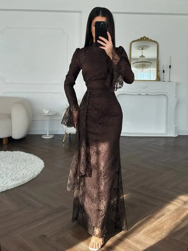 Women Lace Fitted Dresses Solid Evening Dress H Line Ankle Lenth Bell Sleeve Waist Cinch Slim Fit Party Sexy Elegant 2026 Summer