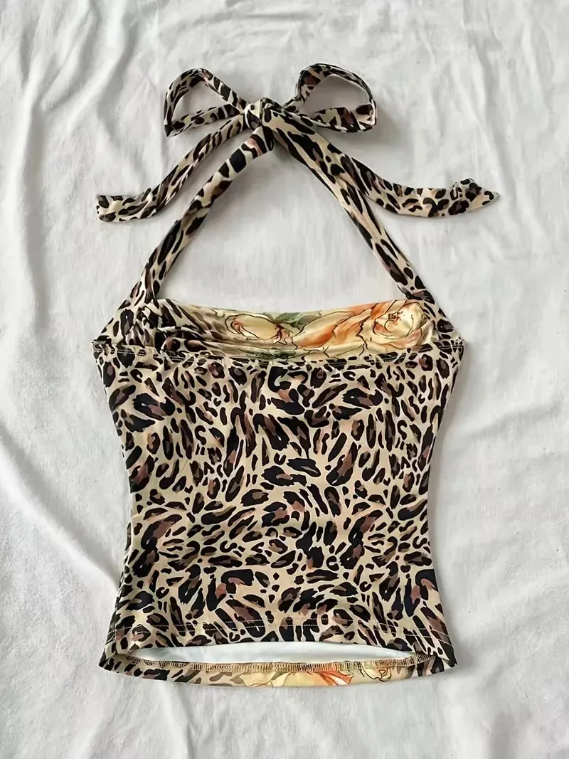 Cropped Top Women's Summer Vacation Women's Half Neck Leopard Print Colorful Flower Top