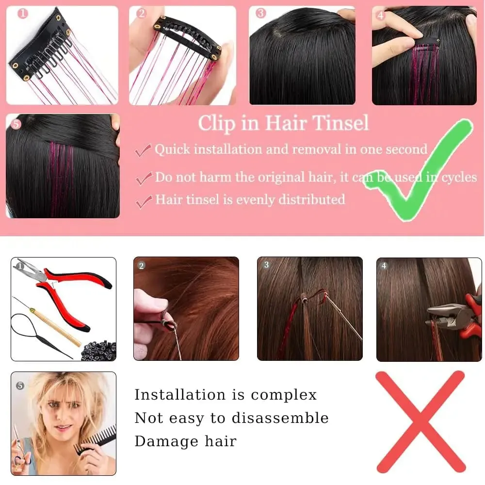 12 Pcs Colorful Clip in Hair Tinsel Extensions Fairy Glitter Hair Accessories synthetic 20‘’ Party Kit for Women Girls Kids