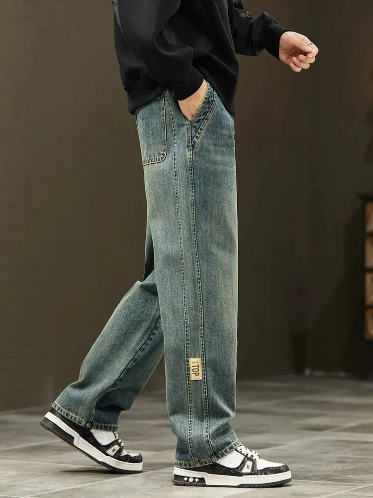 Korean Loose Wide Legs Jeans Men's Vintage Wash Denim Pants Fashion Streetwear Casual Baggy Straight Male Trousers