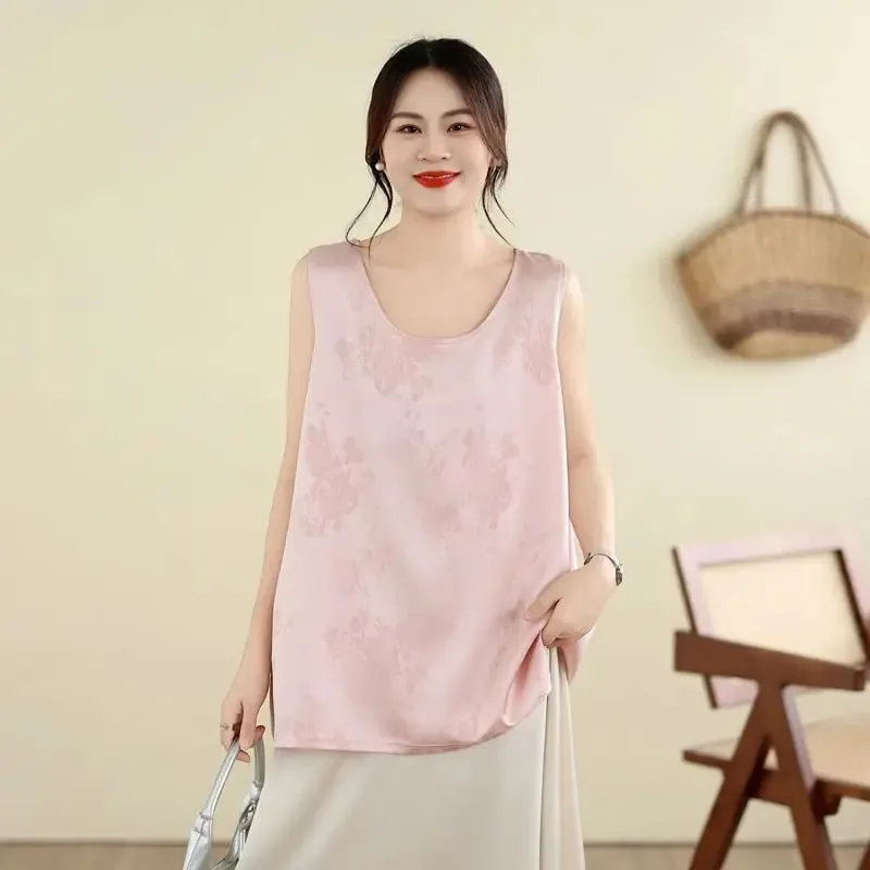 New Chinese Style Jacquard Satin Tank Top Middle Aged Women Loose U Neck Sleeveless Blouse Elegant Acetate Vest For Moms