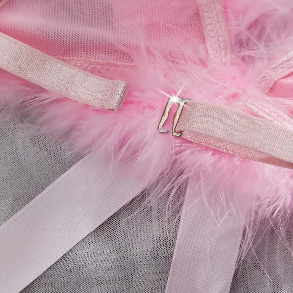 Furry Women's Underwear Mesh Transparent Bow Decor Lingerie Set Romantic Intimate Wireless Bra Panties Suit Anniversary