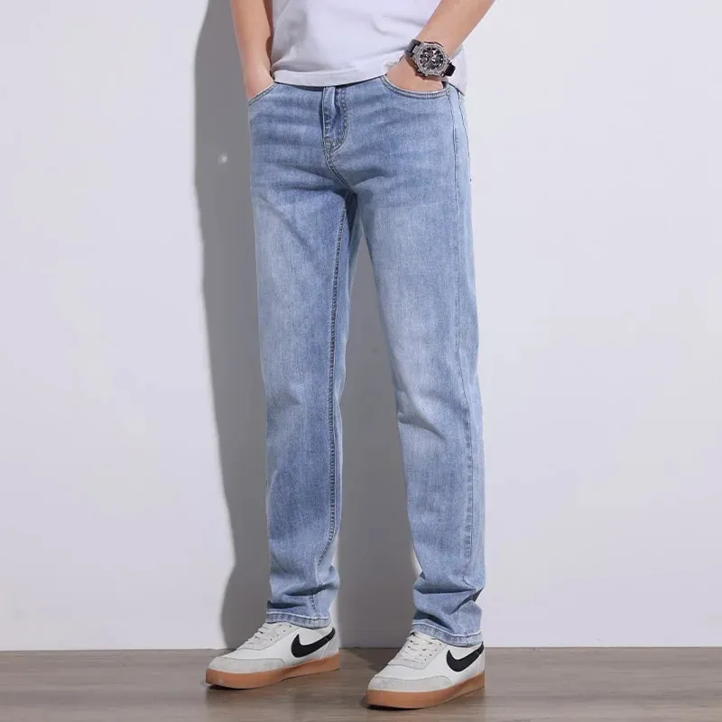 Herrejeans Stretch Slim Regular Fit Grå Lyseblå Mørkeblå Jeans Til mænd Denimbukser Causal Streetwear Herretøj