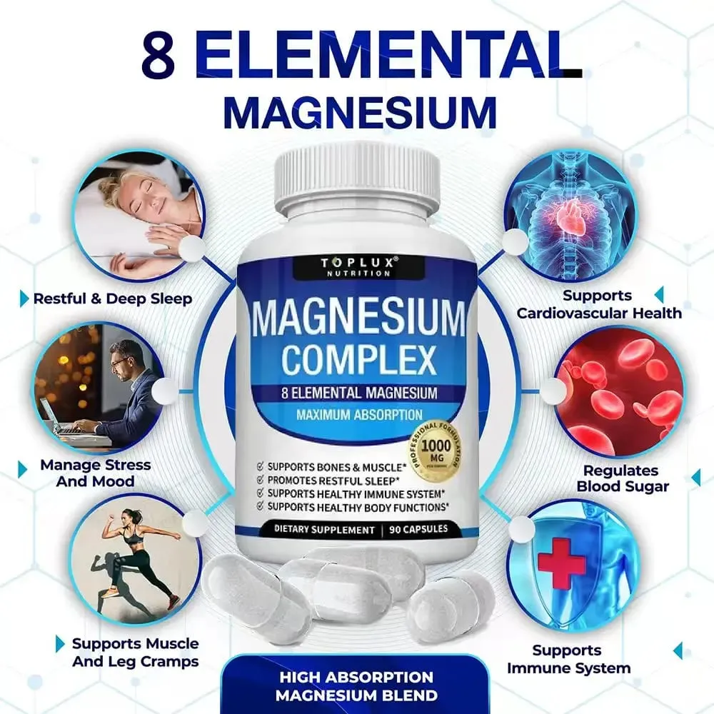 Magnesium Complex Supplement | 1000mg Magnesium Glycinate Malate Citrate | 8 Elemental Chelated Formula | Vegan Non-GMO 90 C