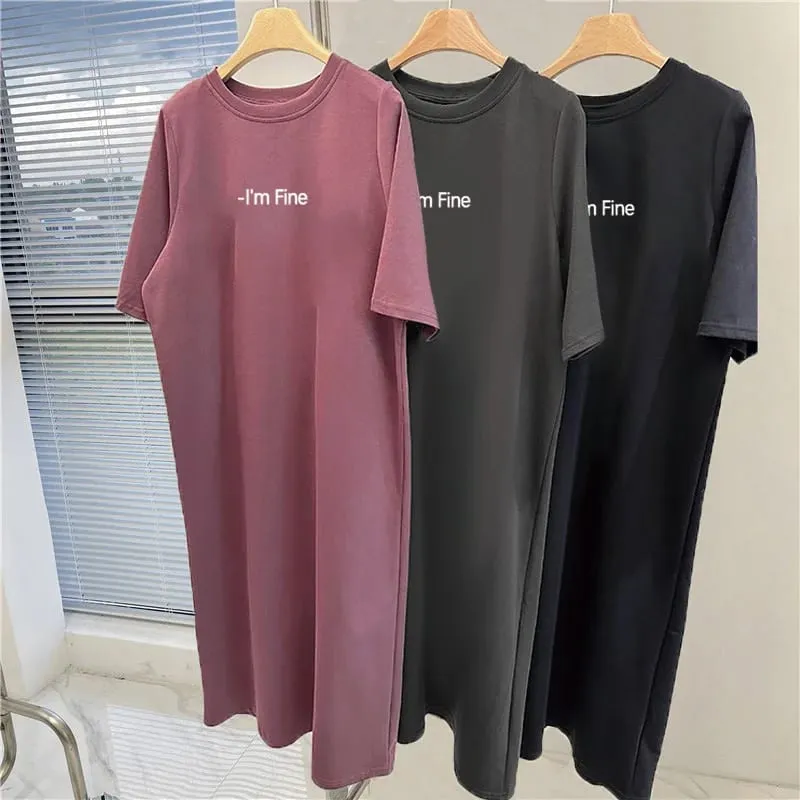 Women Korean Loose T-shirt Dress Summer Letter Print Split Midi Dress O Neck Short Sleeve Casual Lazy Long Dress