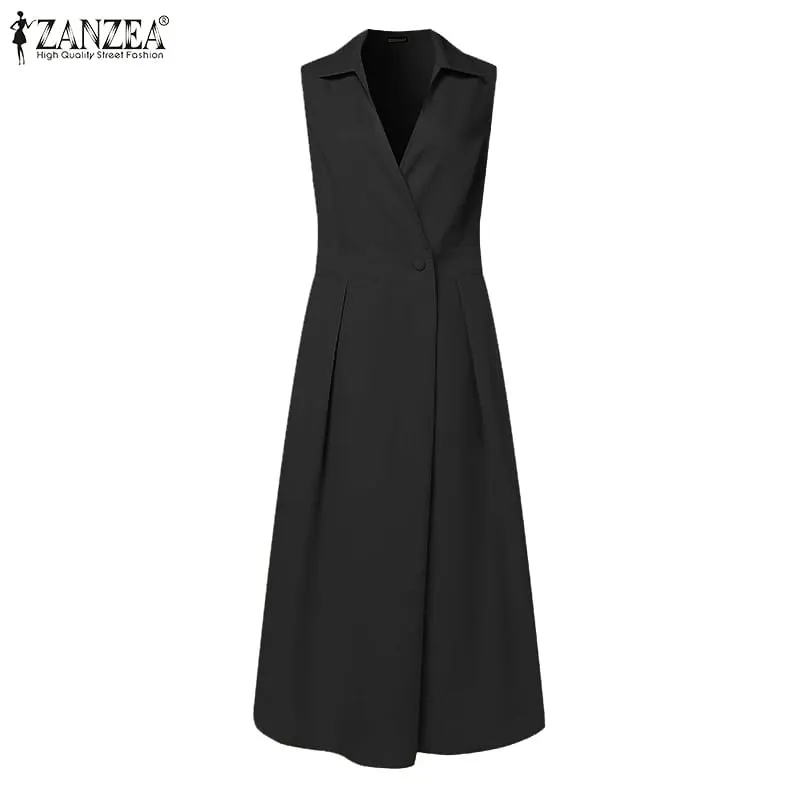 Pendlermode Midikjole Sommer Revershals Elegant Cinched Talje Plisseret Kjoler Kvinder Solid Farve A-line Vestidos