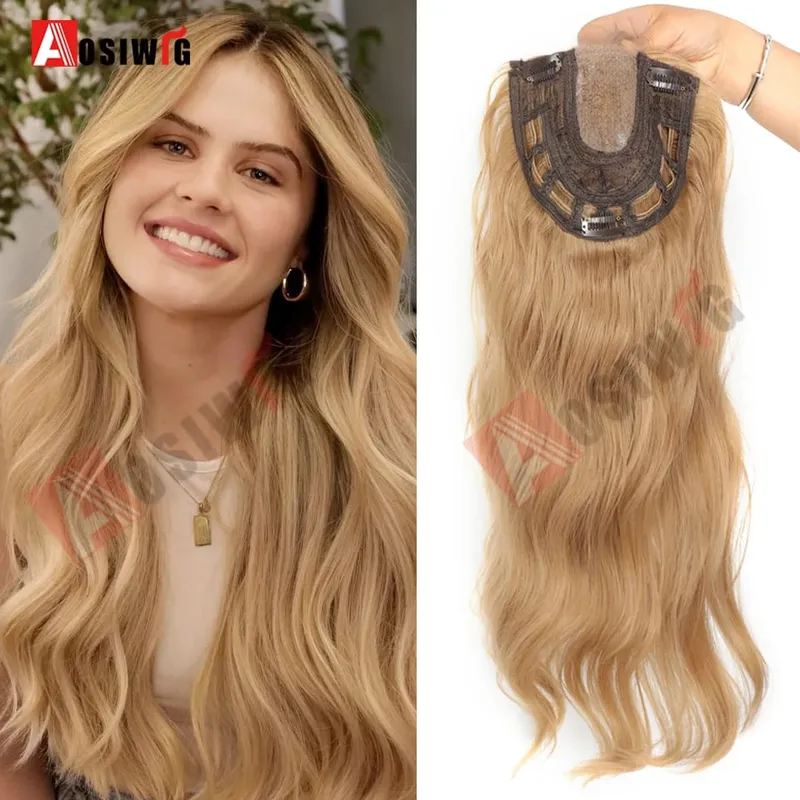 22 Inch Long Wavy Synthetic Hair Topper For Women Clip In Hairpiece Crown Hair Extension With Base Cover Thinning Hair Add Volum