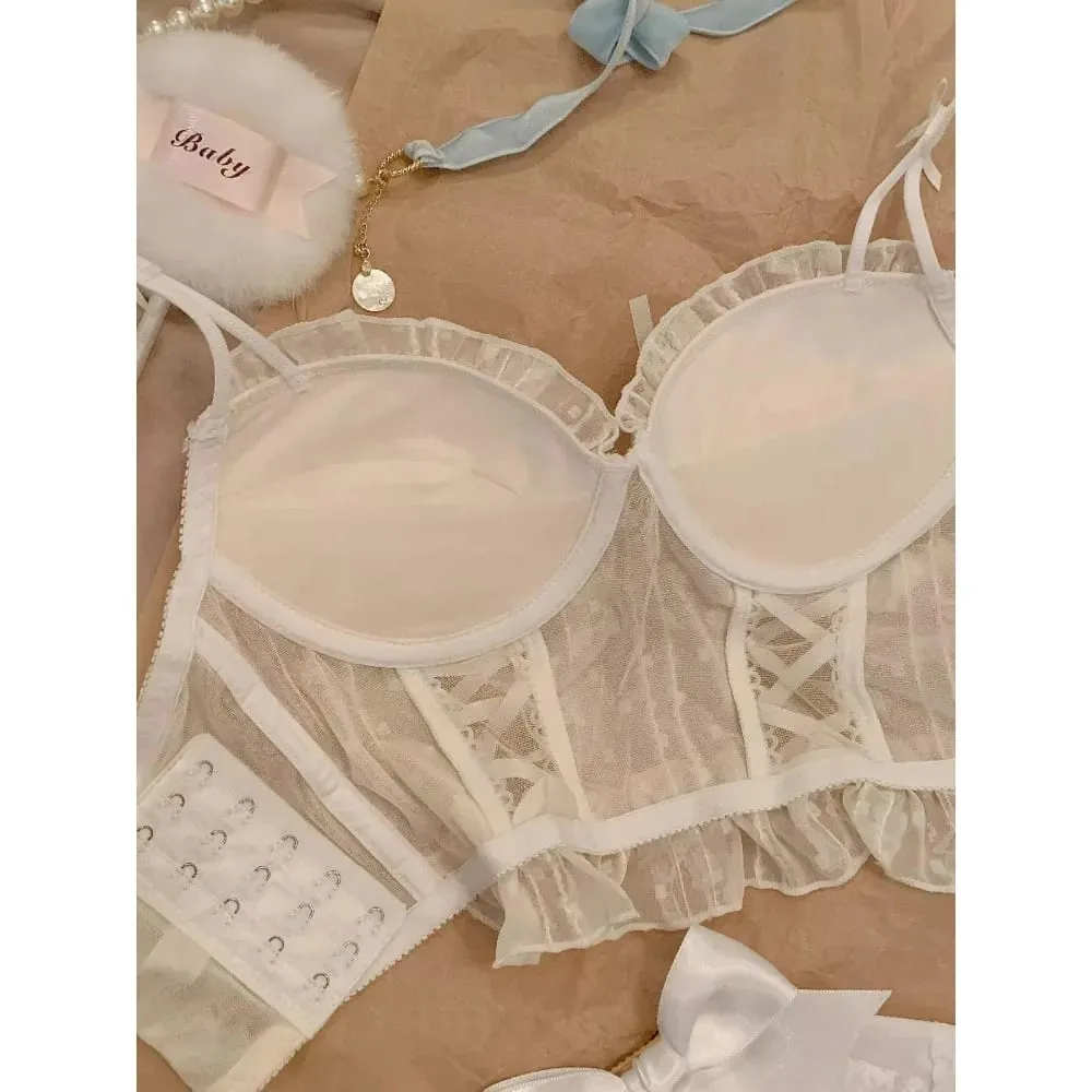 Womens Japanese Style Lolita Lace Tie‑Up Wireless Bra Anti Sagging Push Up Shaping Sweet Cute Lingerie 32‑38 Bra Set — image 2