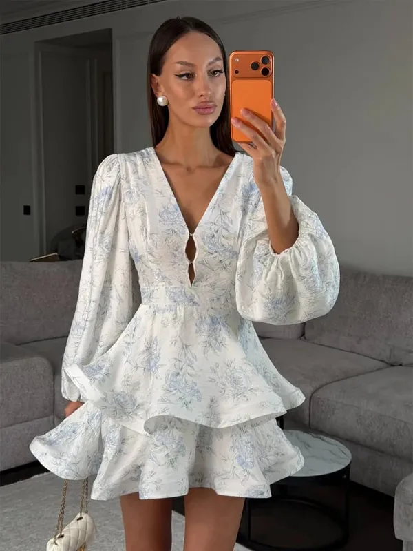 Gaun Mini Sifon Motif Bunga Merah Muda Wanita Gaun Hem Ruffle Bertingkat Pinggang Potongan Punggung Terbuka Lengan Puff 2026 Gaun Pesta Kasual