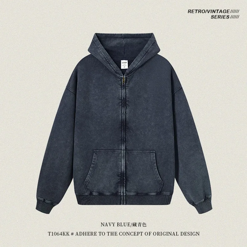 Retro Autumn Batik Washed Zipper Hoodie For Men Unisex Oversized Distressed 420gsm Terry 100% Cotton Hooded Coats HY0936