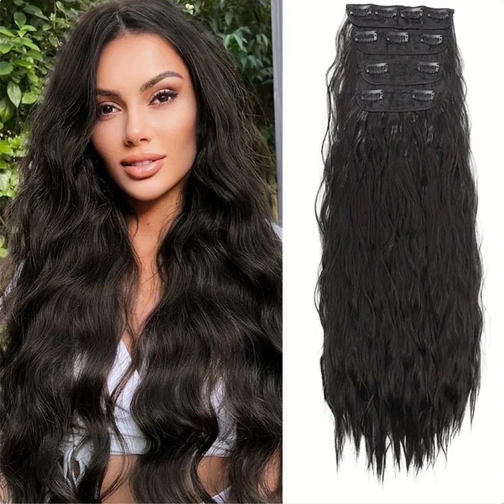 Set of 4 Clip-In Hair Extensions in a Brown-Blonde Shade 60.96 cm Long Featuring Wavy And Curly Synthetic Hair
