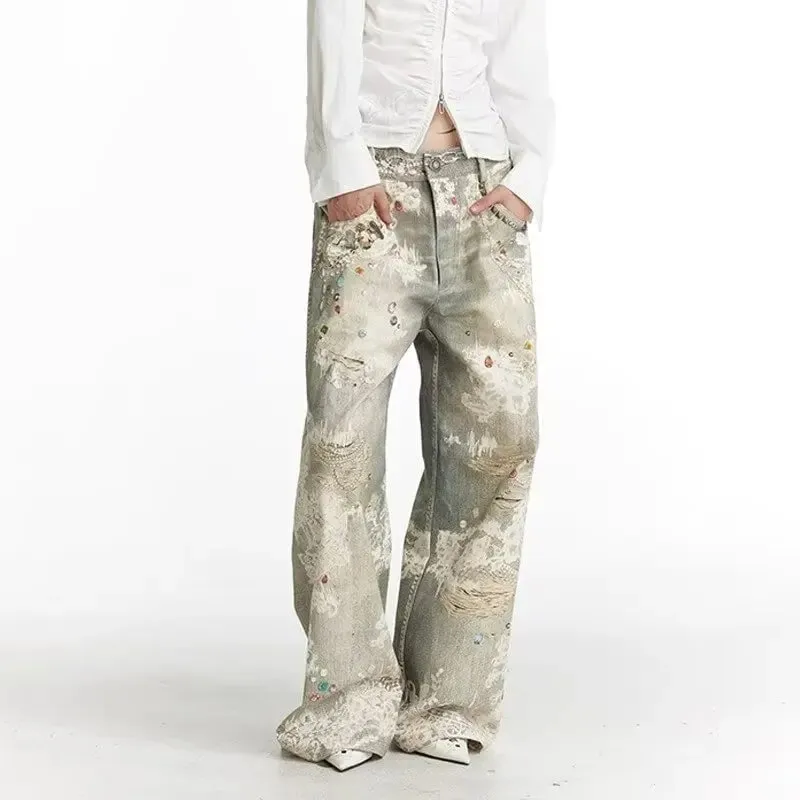 Mens Jeans Vintage Digital Print Distressed Denim Pants Harajuku Unisex Straight Leg Loose Fit Casual Streetwear Fashion Trend