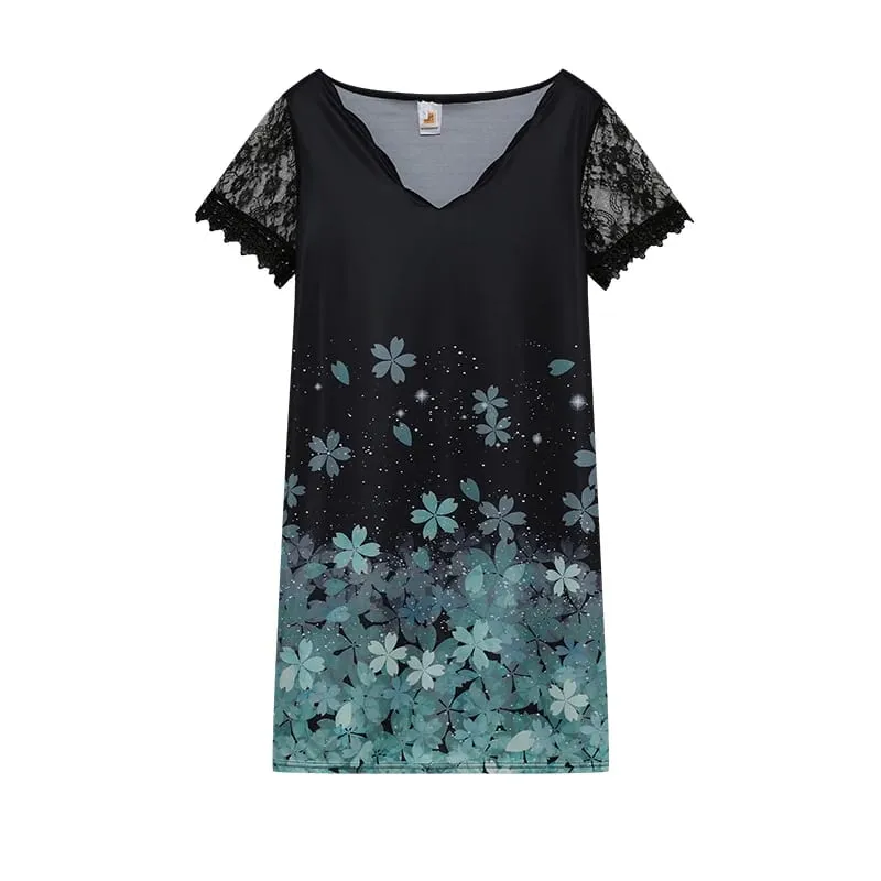 2026 New Women's New Positioning Printing Wave V-neck Lace Short-sleeved Dress