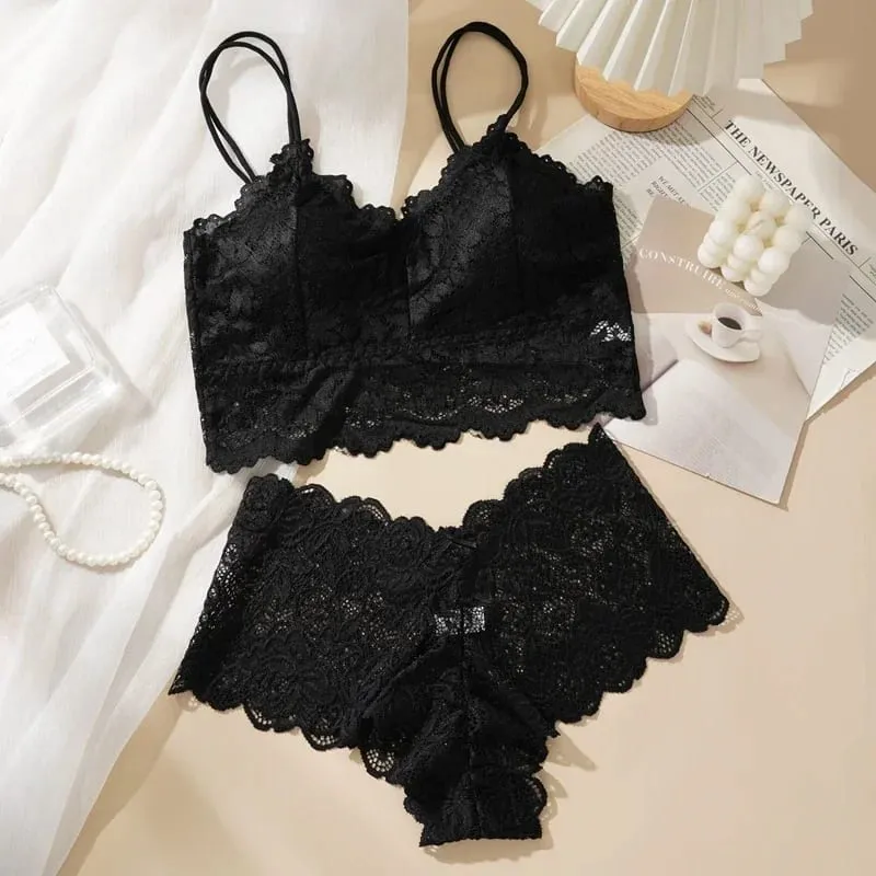 Women's Lace Bra & Panty Set – Sexy Back Hollow Out Wireless & Breathable Floral Underwear No Steel Ring Comfort