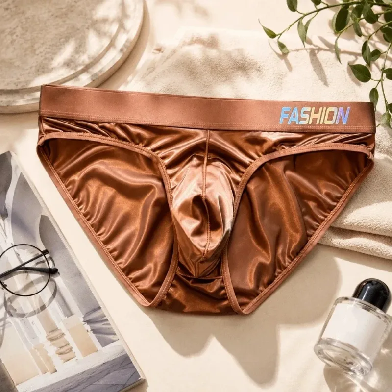 Underwear Men's Triangle Panties Low Waist Ultra Smooth Satin Silky Briefs Lingerie Gradient Letter Glossy Underpants Large Size