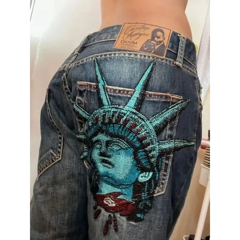 Amerikansk vintage Liberty Goddess diamantjeans med hög midja rakt skurna vida ben jeans Y2K casual Ins street wear långbyxor