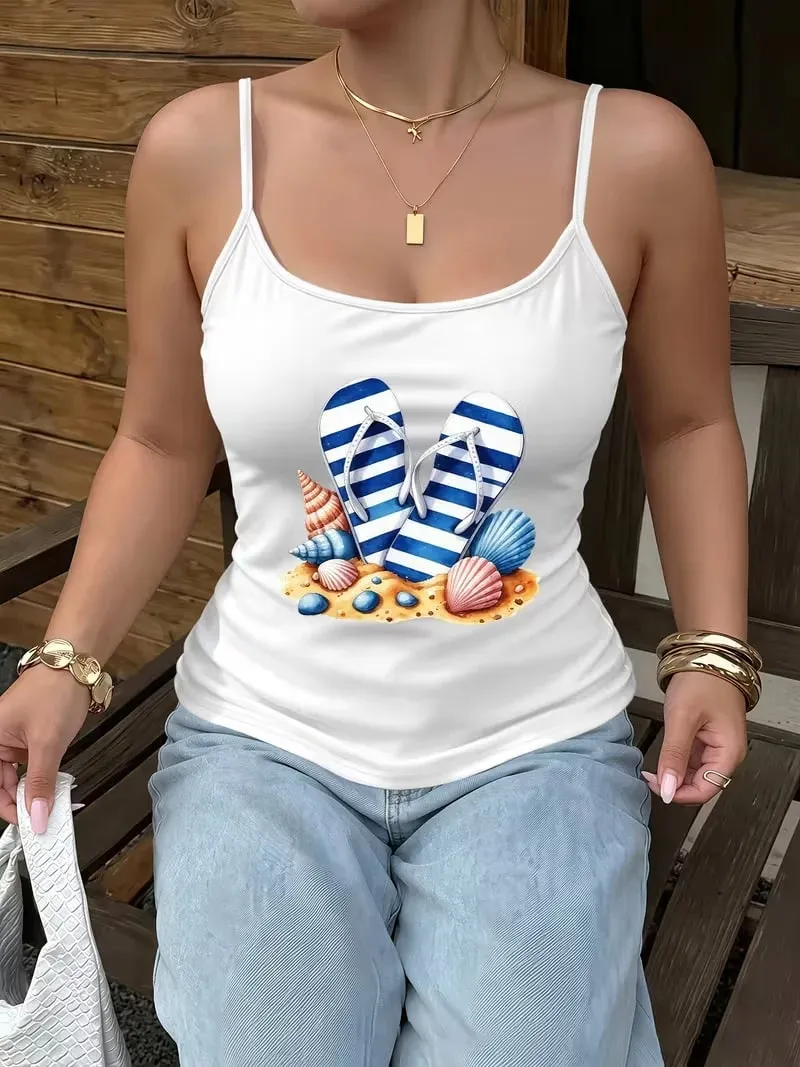 Women Summer Spaghetti Strap Cami Tank Top Beach Flip‑flop Seashell Print Sleeveless Camisole Casual Holiday Y2K Daily Wear Tops