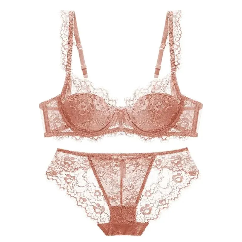 Lightly Lined Eyelash Lace Thin Cup Bra and Panties Set Underwear with Push Up Soft Comfortable Breathable Sexy Female Lingerie