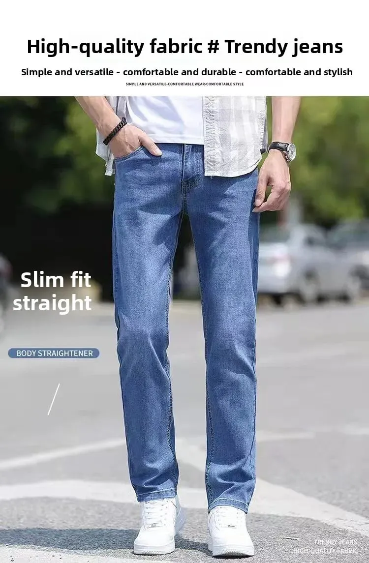 Korean Reviews Many Men's Clothes 2025 New Spring Summer Business Jeans Light Blue Straight Loose Fashion Casual Long Pants Men