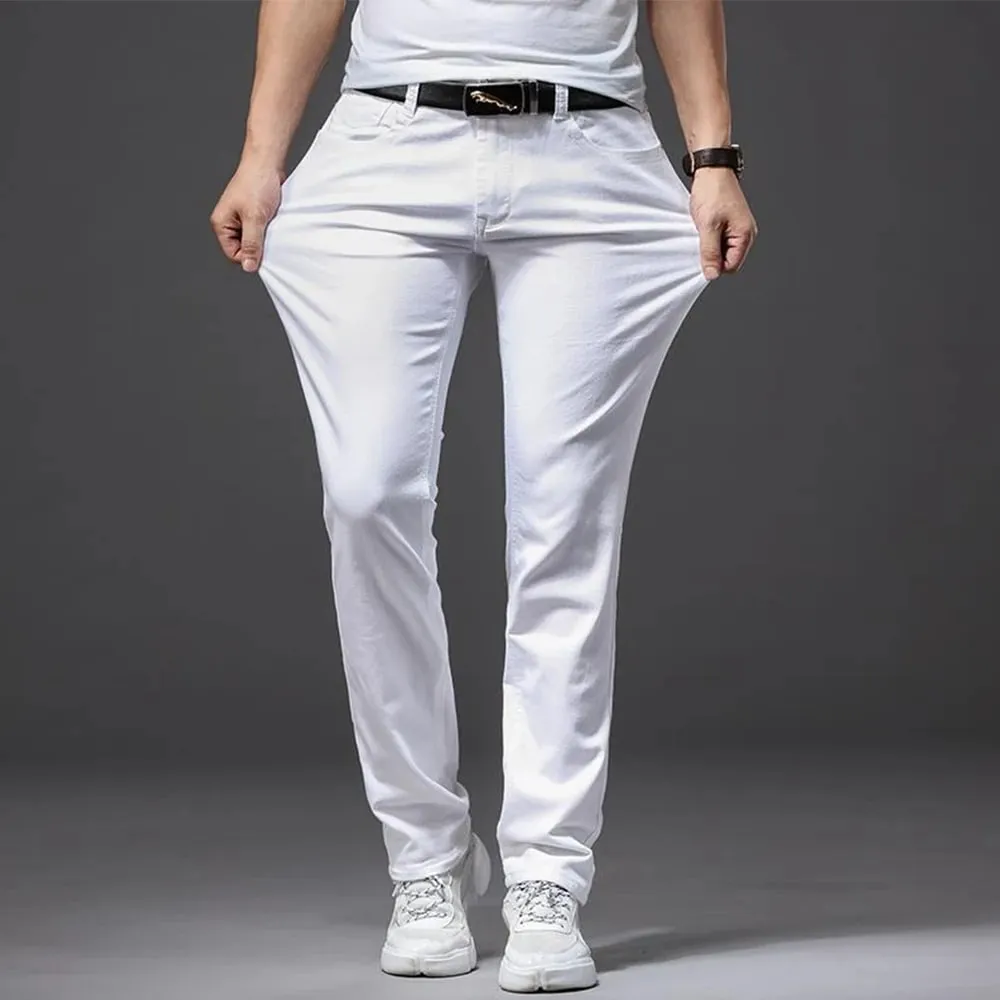 Jean blanc élastique pour hommes, coupe droite, Slim, décontracté, doux, Business, classique, marque, mode, pantalon en Denim extensible avancé