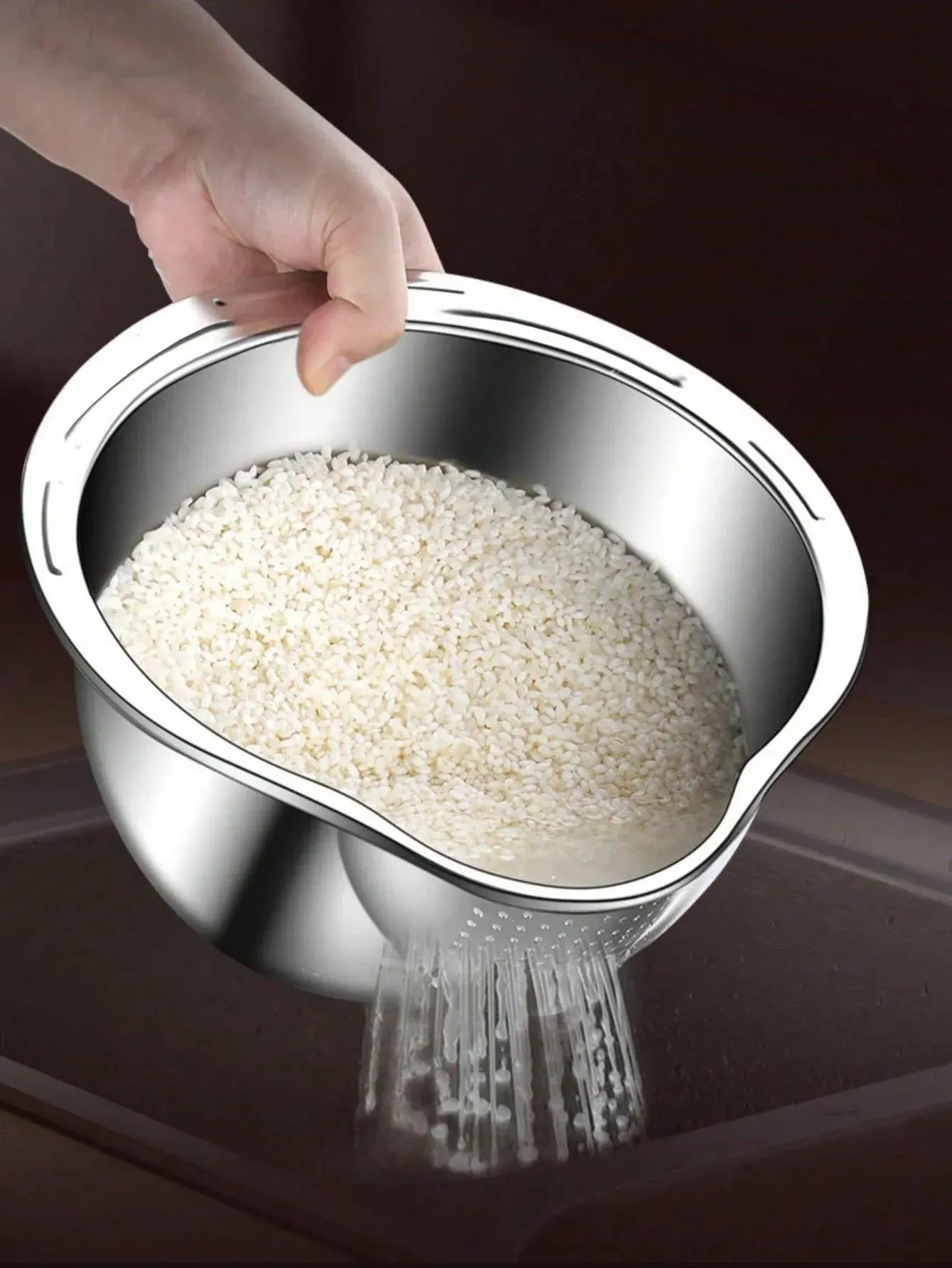 Stainless Steel Rice Washing Bowl with Drain Holes 2-in-1 Vegetable Fruit Strainer Colander Basket for Kitchen Sink