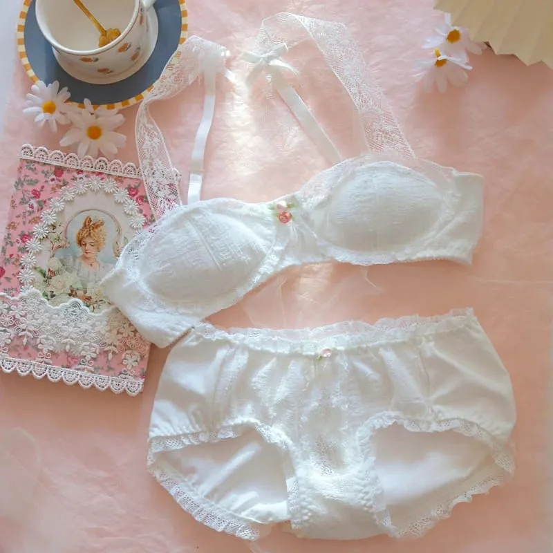 Vintage sous-vêtements princesse dentelle blanche Lingerie coton soutien-gorge à armatures et culotte ensemble japonais petits seins Sexy et mignon Bralette