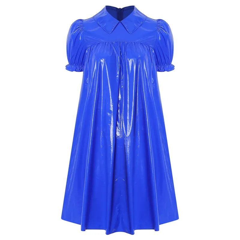 Women Waterproof Vinyl Regency Dress Victorian Party Sleep Dress Puff Short Sleeve Empire Waist Lapel Dress Nightgown Rave Party