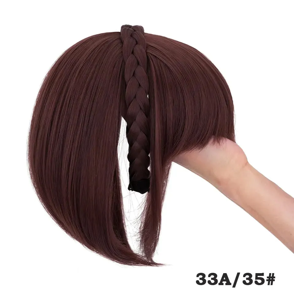 Snoilite 11'' Braided Headband with Clip-In Hair Topper With Bangs Natural Look Synthetic Straight Hair Extensions for Women 92g