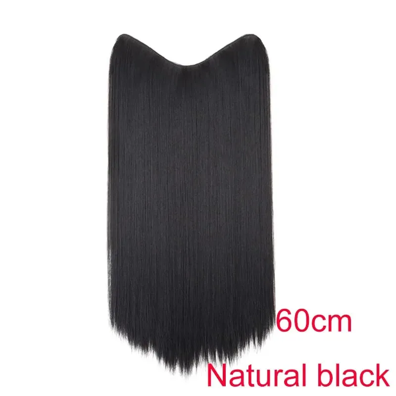 Synthetic 24Inch Long Straight One Piece Hair Extension 4 Clips V-shaped Hairstyle Black Brown Hairpiece for Women Daily Use