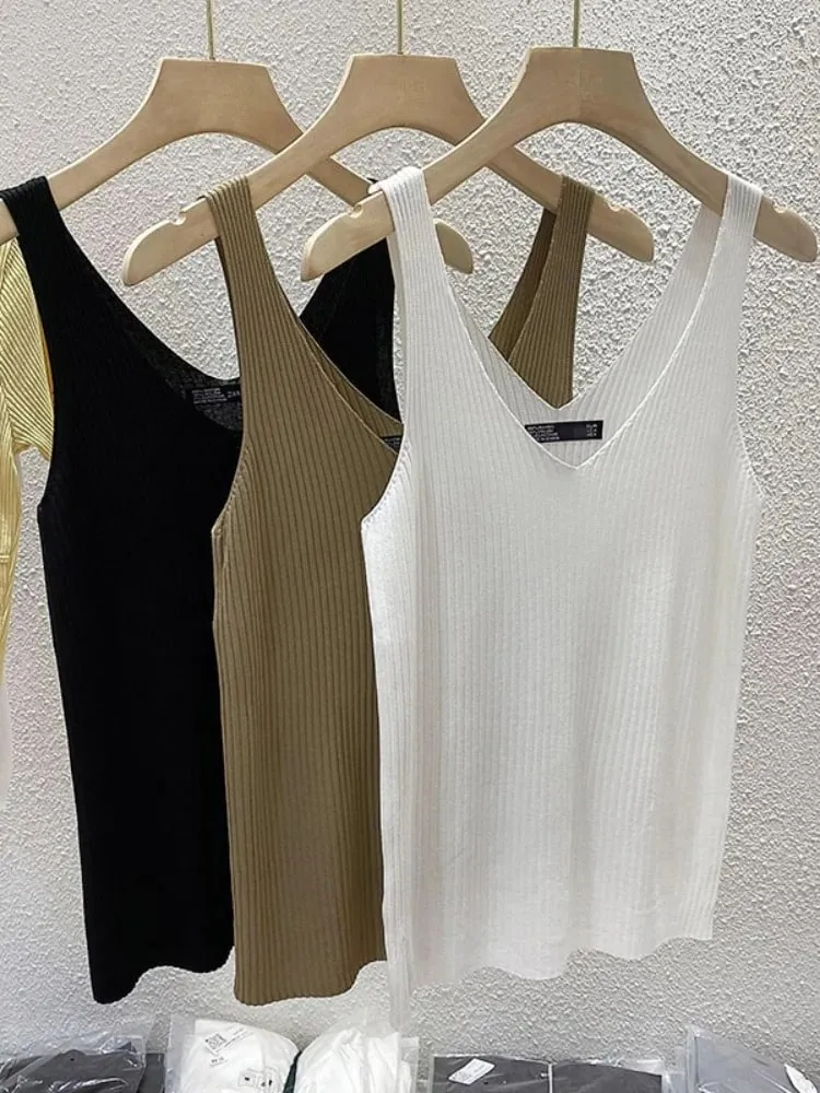 Zjaiss 2026 Summer Fashion Women Camisole Ice Silk Knit Tank Top Slim Fit Sleeveless Base Top Solid Color V-Neck Crop Top