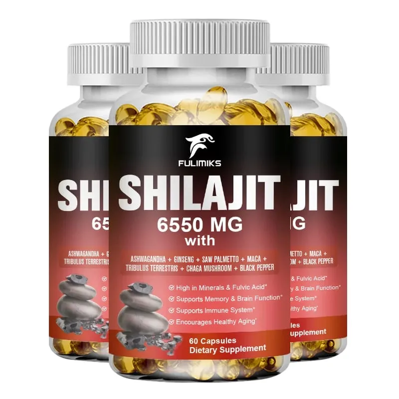 Shilajit 6550MG Capsules with Ashwagandha & Ginseng Supports Energy Stamina Immunity Brain Function & Healthy Aging