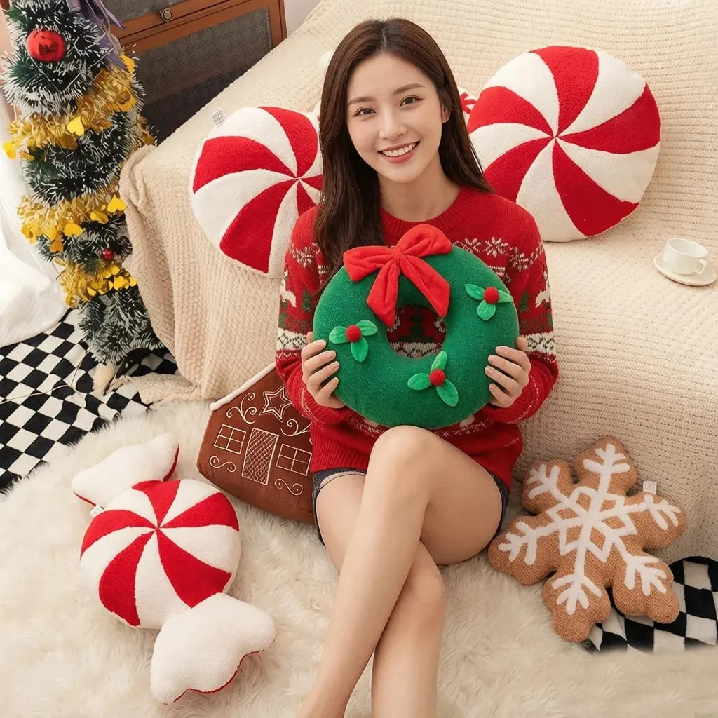 Christmas Day Plush Decor Pillow Stuffed Wreath Snowflake White Red Round Candy Soft Seat Cushion Party Prop Decor Gift