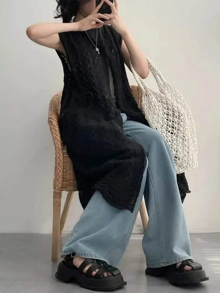 Zjaiss Women's 2026 Early Spring Japanese Retro Sweet Sweater Dresses Hollow Out Knit Irregular Long Sleeveless Vest Dress
