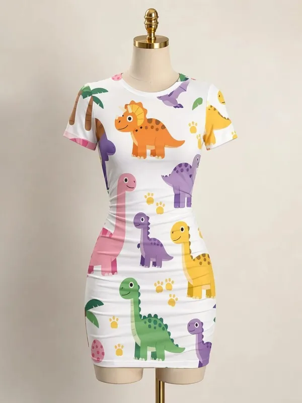 Womens Short Sleeve Bodycon Mini Dress Slim Fit Crew Neck Floral Print Casual Summer Party Cute Smooth Weekend Vacation Sundress