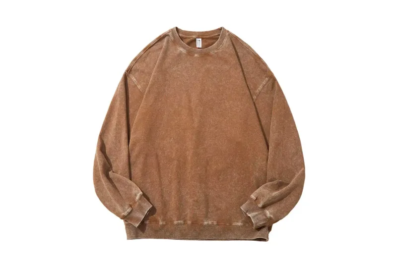 Extra-Large 100% Pure Cotton 350g Round-Neck Hoodie Washed-Out Retro Wax-Printed Snowflake Crewneck Sweater Casual Distressed