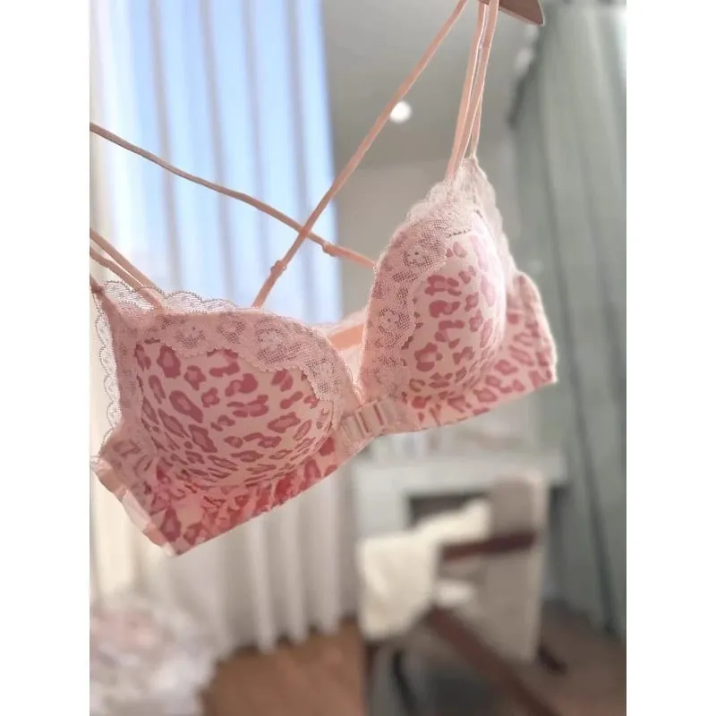 Leopard Print Front Button Bra Set Push Up Petite Women Backless Sexy Lingerie for Party Gathering Enhance Bust Show Larger S-XL