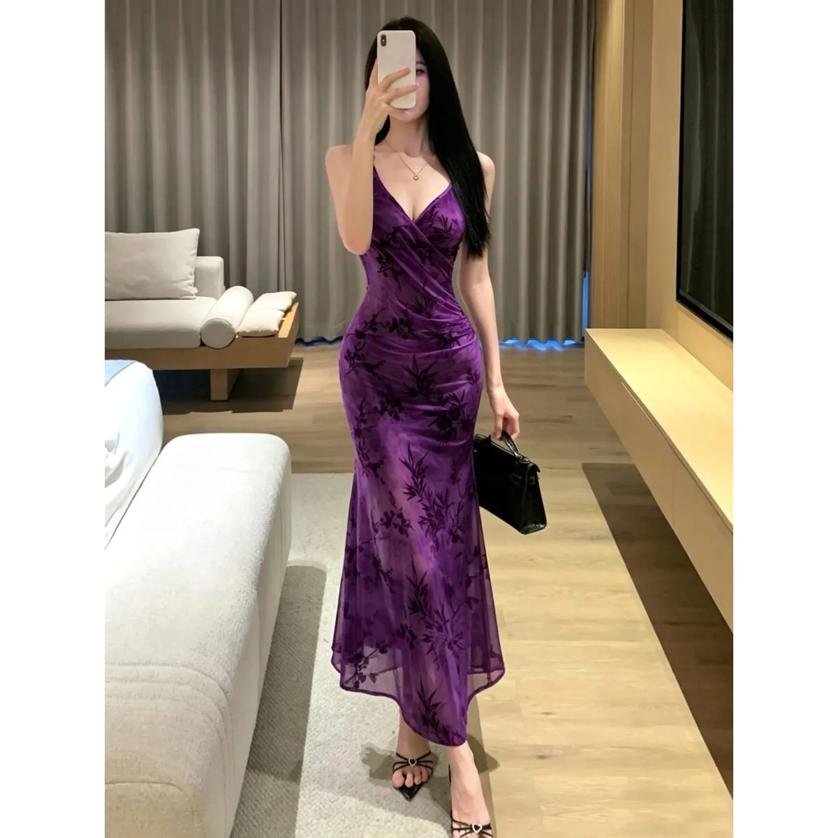 Elegant Purple Floral Print Deep V-Neck Strapless Dress Sexy Bodycon Skirt A-Line Silhouette Comfortable Mid-Length City Commute