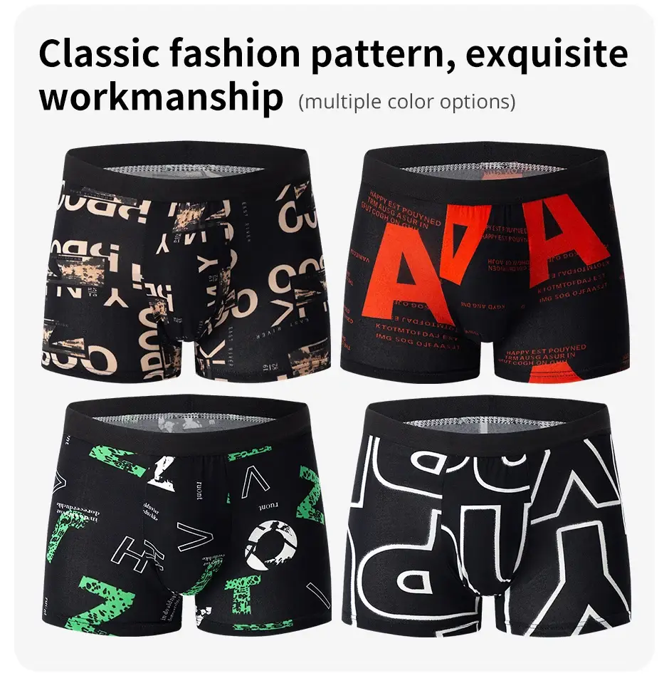 Pakaian dalam bermotif FASHION pria 4 potong petinju selangkangan bersirkulasi untuk remaja pakaian dalam ukuran besar yang nyaman hingga 6XL.