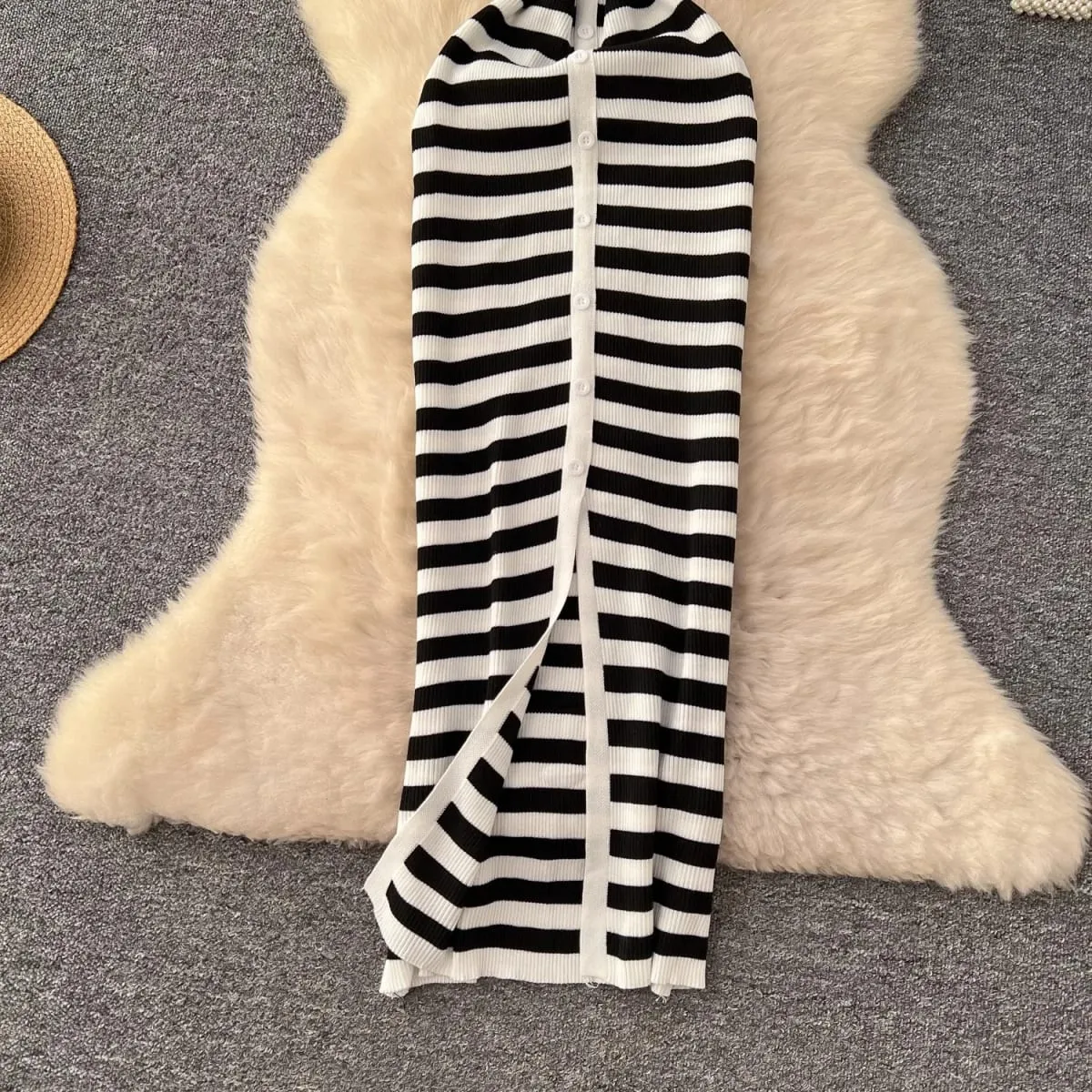 YuooMuoo Chic Fashion Sexy Wrap Hips Knitted Maxi Dress 2026 Summer Women Single-breasted Stripes Sweater Dress Streetwear Robes